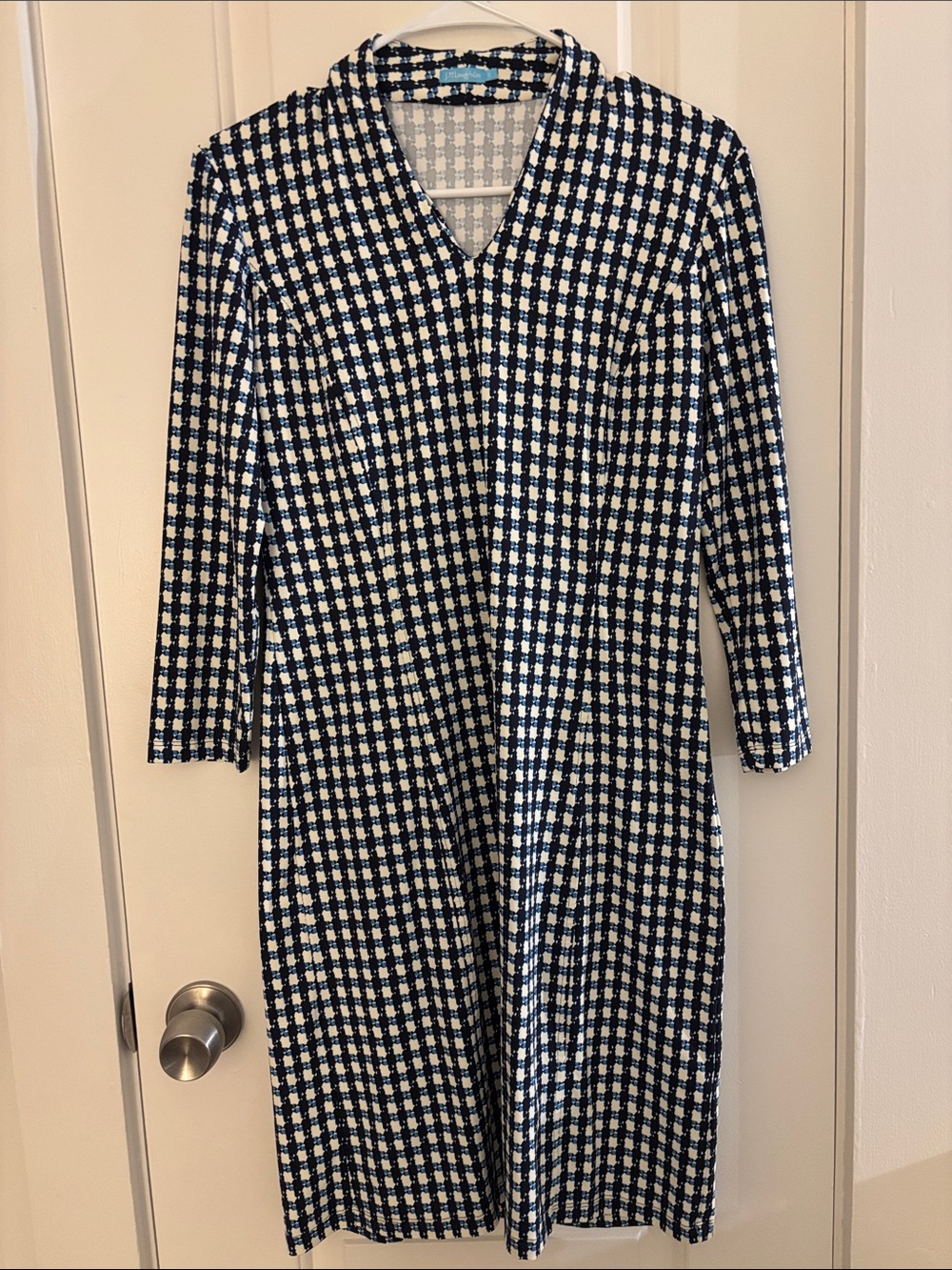 J. McLaughlin Navy and White Checked Long Sleeve Dress